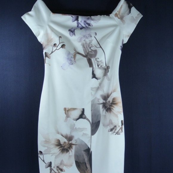 TED BAKER SAIDIE VANILLA OFF THE SHOULDER FLORAL SHEATH DRESS 5/ US 12 - Picture 5 of 8